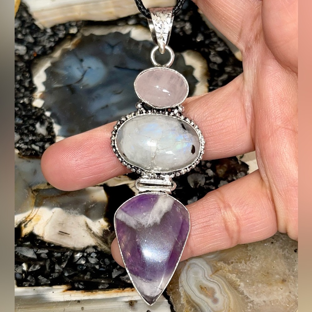 ❌SALE Crack Moonstone ❌ Rose Quartz, Amethyst Crystal Pendant 3 1/4” - Picture 8 of 17